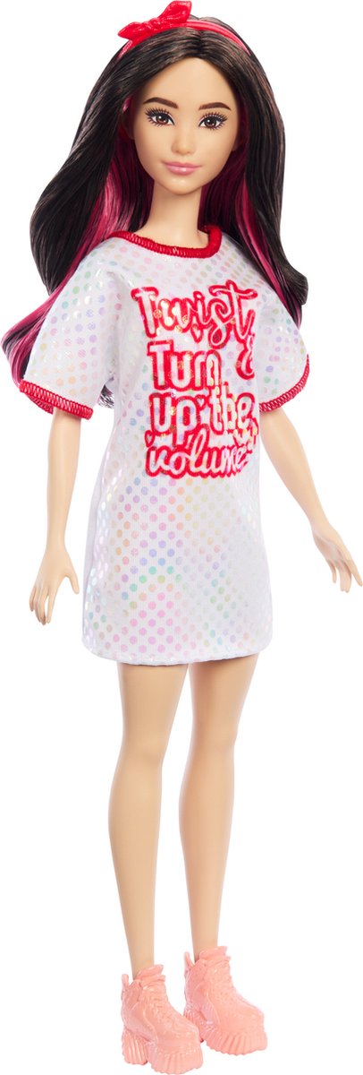 Barbie Pop Fashionista weißes Kleid dunkle Haare