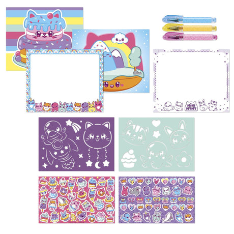 Mini mymy totum kawaii dieren designer vakantie doeboek, tekenen schrijven en stickeren incl. 3 gelpennen en sjablonen, 25-delige set, creatief speelgoed jongens en meisjes vanaf 3 jaar