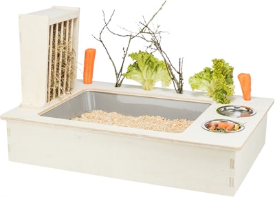 Trixie Futterstation mit Futternapf, Wassernapf, Heuraufe, Naturholz