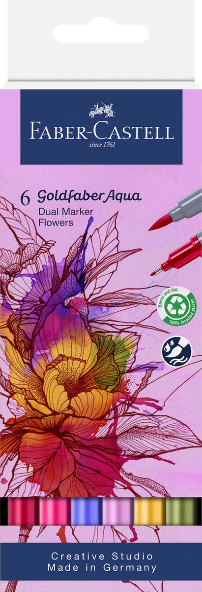 Faber-Castell – Duo-Aquarellmarker – Goldfaber – Etui 6 Stück – Blumen – Pinsel 0,6 mm – FC-164527