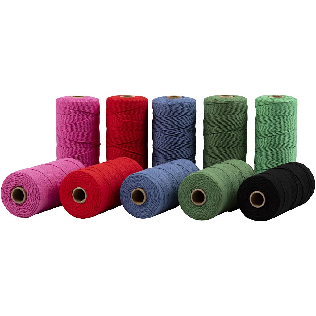 Creativ Company Makrameeschnur, L: 315 m, Stärke 1 mm, dünne Qualität 12 12, kräftige Farben, 10x220 g 1 Box