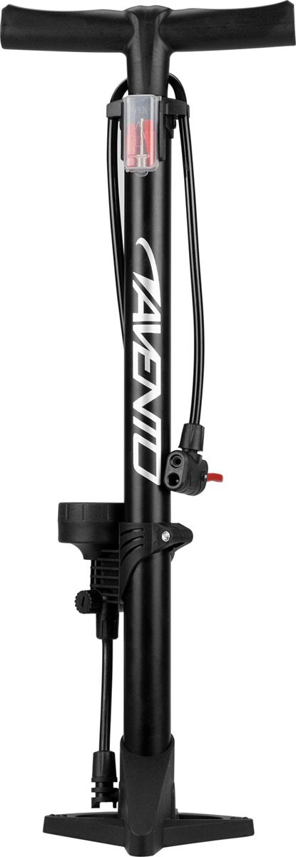 Avento Fahrradpumpe mit Manometer – Fahrradpumpe für Dunlop, Schrader und französisches Ventil – Standpumpe inkl. Adapter für Wasserspielzeug und Bälle – schwarz