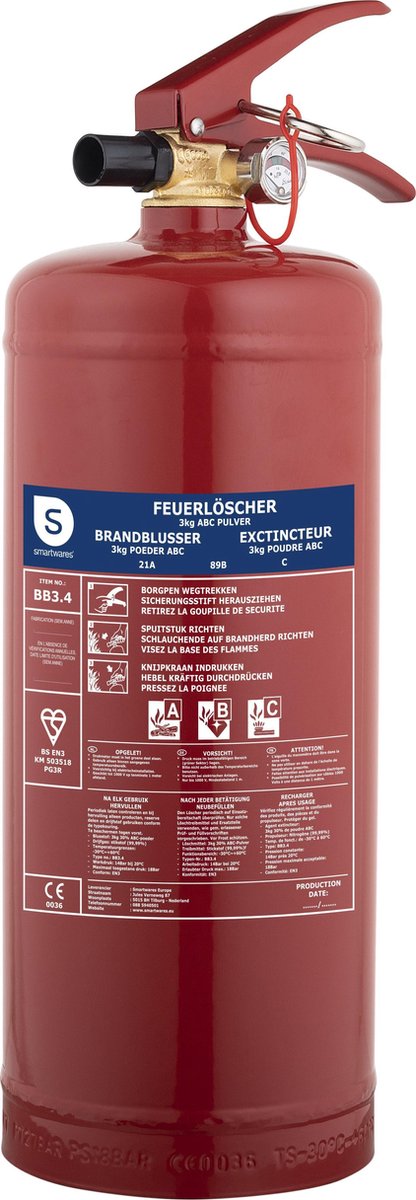 Smartwares fex-15030 - Feuerlöscherpulver 3kg - inkl. Montagehalterung - Brandklasse ABC - BSI-zertifiziert