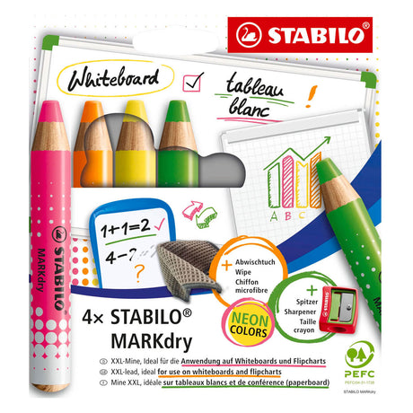 Stabilo Markdry Neon Set bestehend aus 4 Whiteboard-Stiften, Bleistiftspitzer und Reinigungstuch