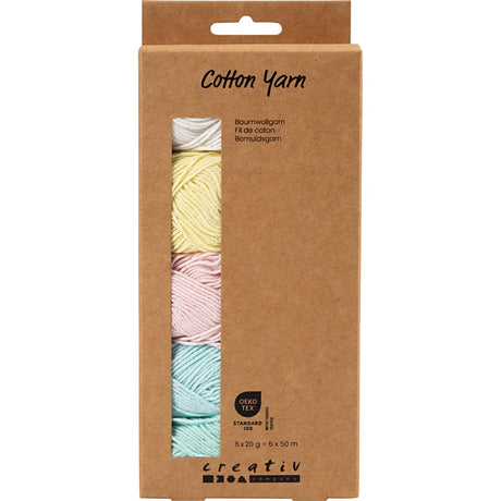 Creativ Company Baumwollgarn, Größe 8 4, L: 5x50 m, Pastellfarben, 5x20 g 1 Box