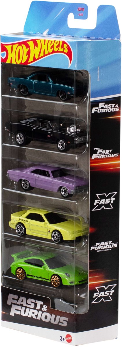 Hot Wheels Fast Furious, Set aus 5 Spielzeugrennautos aus Metall, inspiriert von den Filmen und in diesen zu sehen, Maßstab 1:64