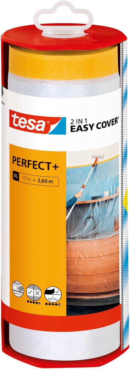 Tesa Easy Cover Perfect+ Dispenser XL Schutzfolie mit Washi Tape – 17 m x 2,60 m