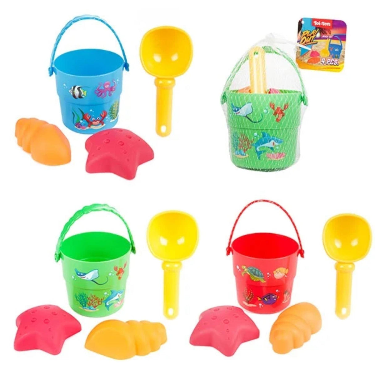 Toi-Toys Play Out Mini-Strandset, Eimer, Schaufel und Formen, 4-teilig.