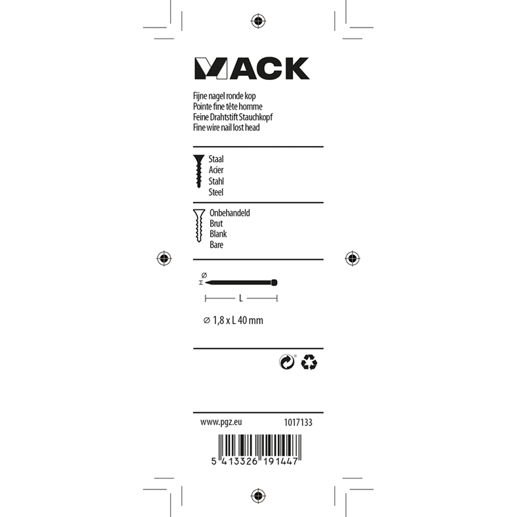 Mack 1017133 – feiner Nagel mit rundem Kopf, 85 g, 1,8 x 40 mm | 5 Stück
