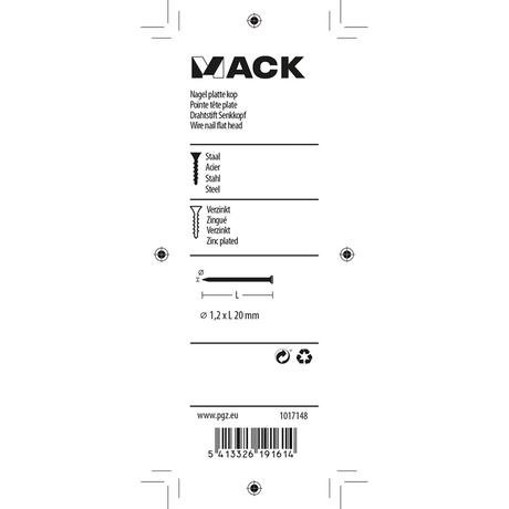 Mack 1017148 - nagel platte kop staal verzinkt 100 gr 1,2 x 20 mm | 5 stuks