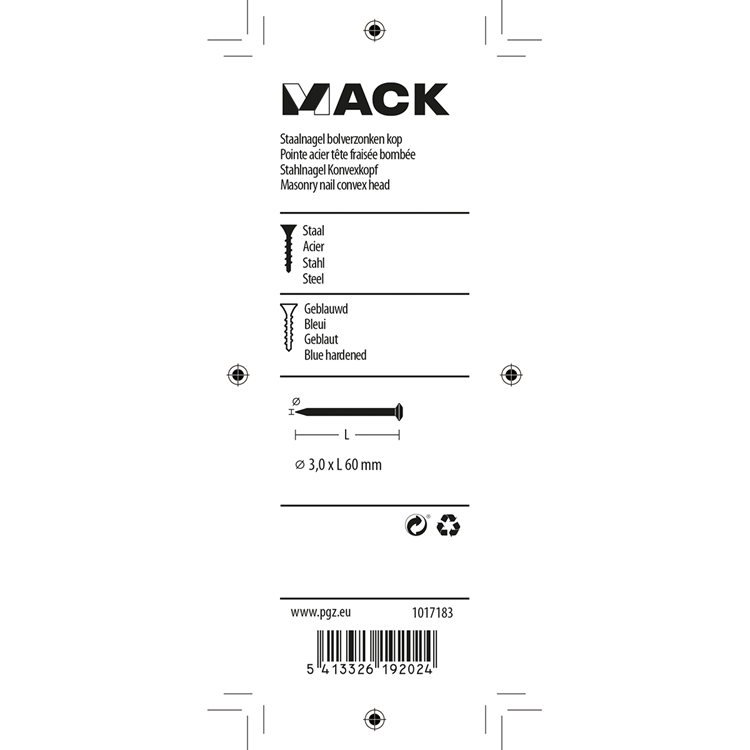 Mack 1017183 - staalnagel bvk staal geblauwd 45 gr 3,0 x 60 mm | 10 stuks