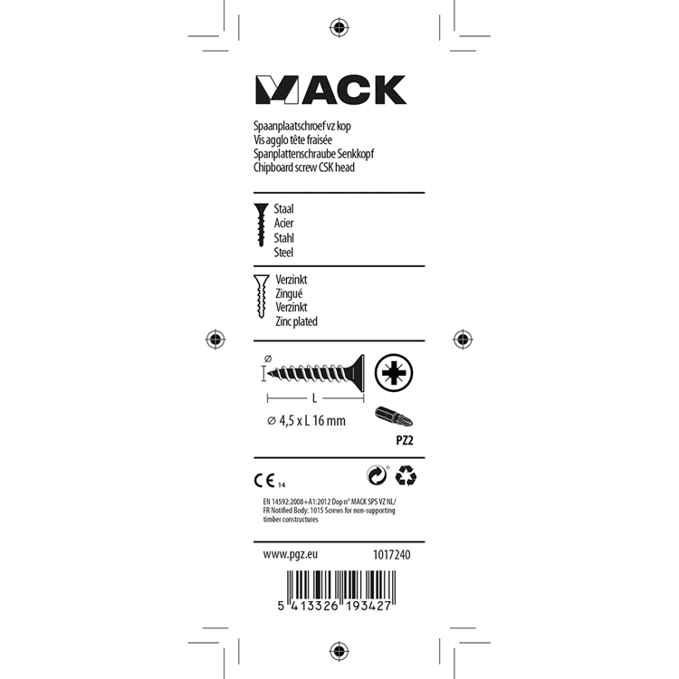 Mack 1017240 - spaanplaatschroef vz kop geelverz.26 st 4,5 x 16 mm | 10 stuks