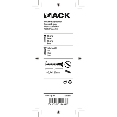 Mack 1019651 - houtschroef verzonken kop messing 11st 3,5 x 20 mm | 10 stuks