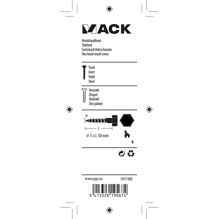 Mack 1017400 - houtdraadbout staal verzinkt 10 st 5 x 50 mm | 10 stuks