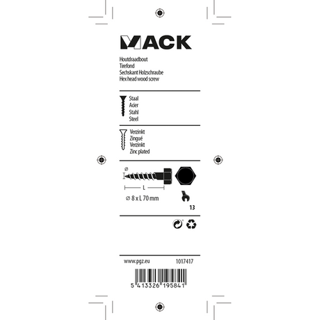 Mack 1017417 - houtdraadbout staal verzinkt 5 st 8 x 70 mm | 5 stuks