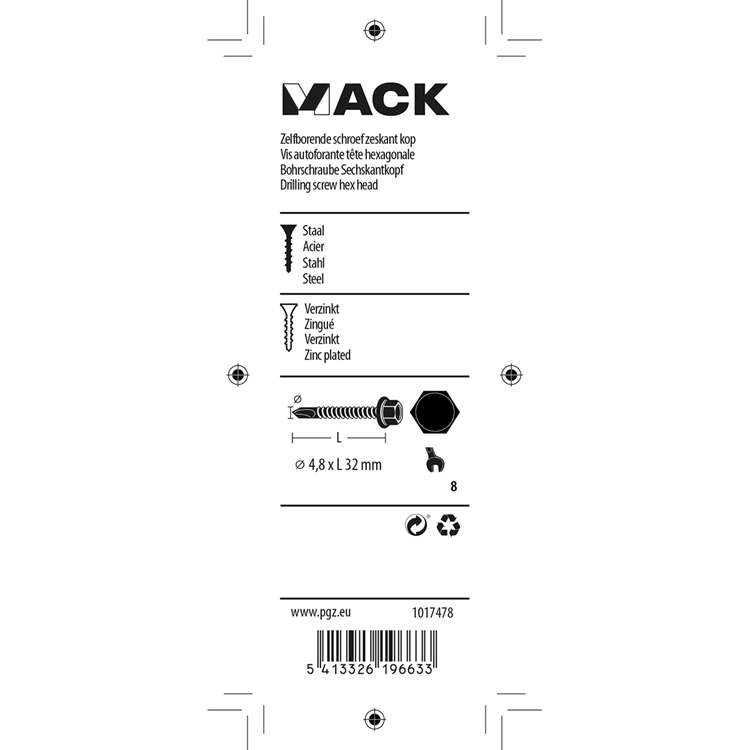 Mack 1017478 - zelfborende schroef zesk.kop verz. 18st 4,8 x 32 mm | 5 stuks