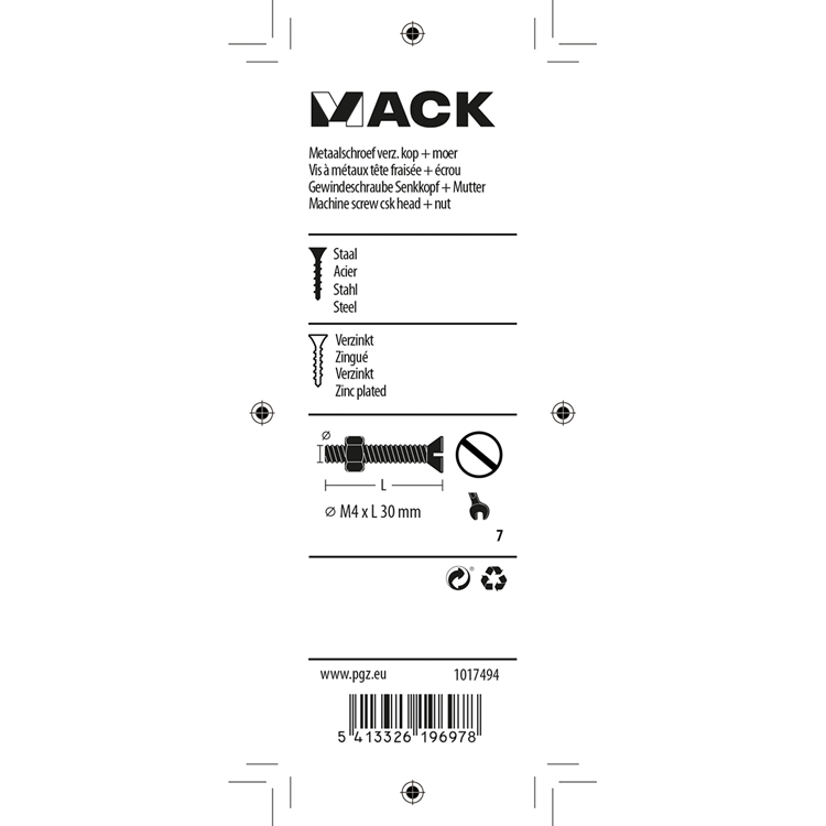 Mack 1017494 - metaalschroef verz. kop + moer verz. 14st m4 x 30 mm | 10 stuks