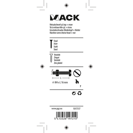 Mack 1017517 - metaalschroef cyl. kop + moer verz. 20 st m4 x 16 mm | 10 stuks
