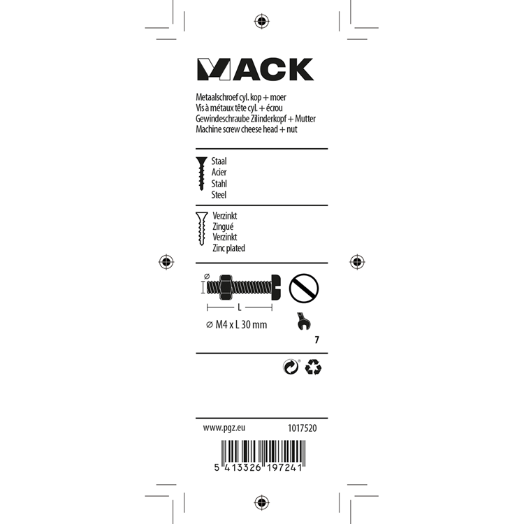 Mack 1017520 - metaalschroef cyl. kop + moer verz. 14 st m4 x 30 mm | 10 stuks