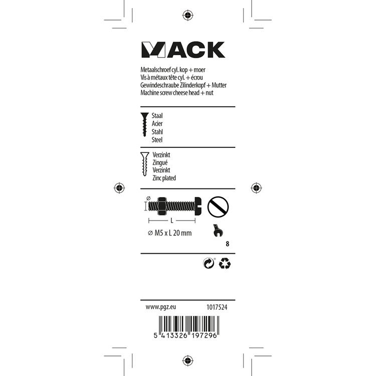 Mack 1017524 - metaalschroef cyl. kop + moer verz. 15 st m5 x 20 mm | 10 stuks