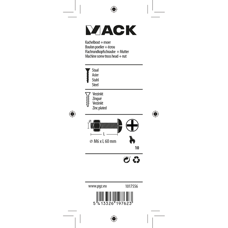 Mack 1017556 - kachelbout + moer staal verzinkt 5 st m6 x 60 mm | 10 stuks