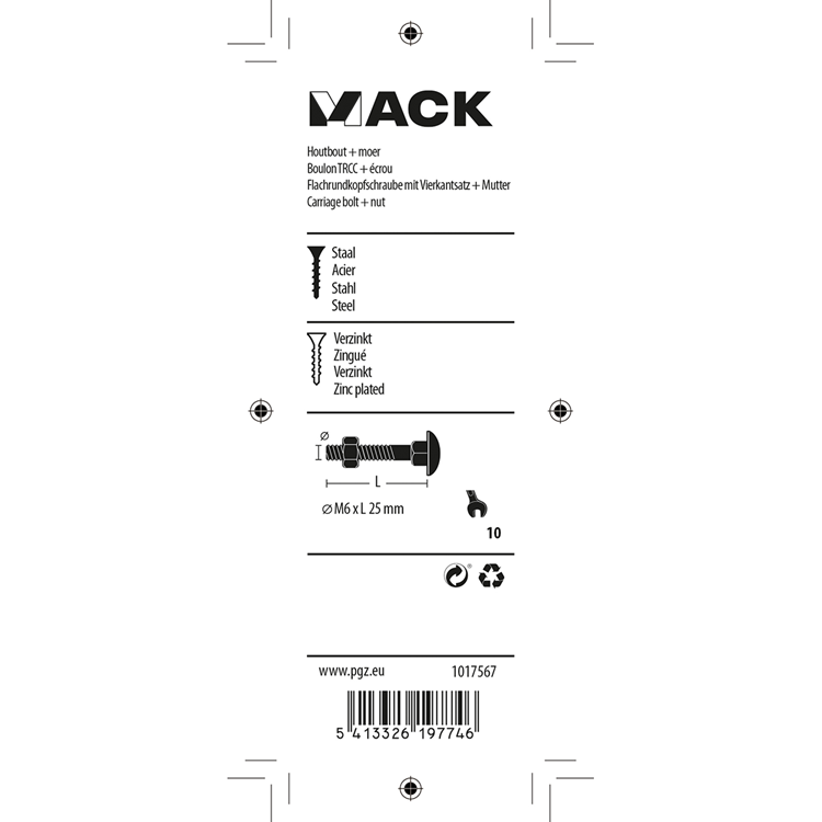Mack 1017567 - houtbout + moer staal verzinkt9 st m6 x 25 mm | 5 stuks