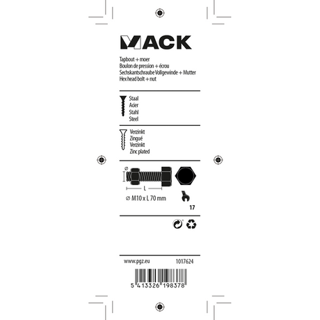Mack 1017624 - tapbout + moer staal verzinkt 2 st m10 x 70 mm | 5 stuks