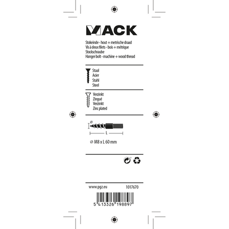 Mack 1017670 - stokeinde hout + metr. draad verz. 4 st m8x60 | 10 stuks
