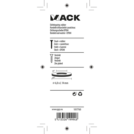 Mack 1017760 - dichtingsring rubber verzinkt 20 st 6,0 x 14 mm | 10 stuks