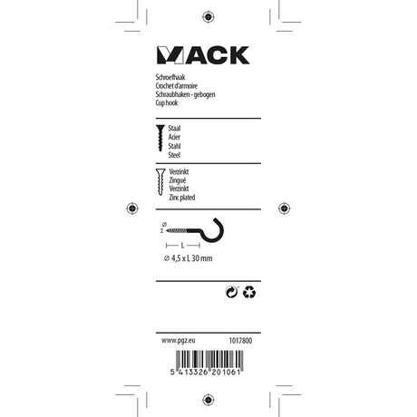 Mack 1017800 - schroefhaak staal verzinkt 6st 4,5 x 30 mm | 10 stuks