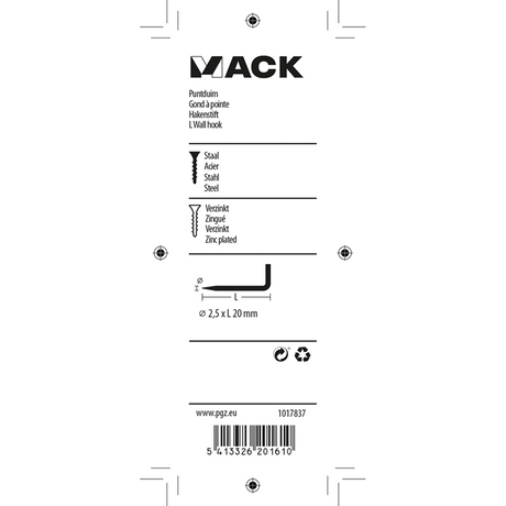 Mack 1017837 - puntduim staal verzinkt 22 st 2,5 x 20 mm | 10 stuks