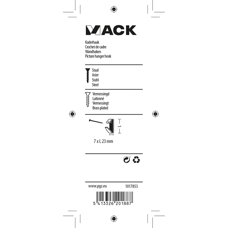 Mack 1017853 - kaderhaak staal vermessingd 12 st 7 x 23 mm | 10 stuks