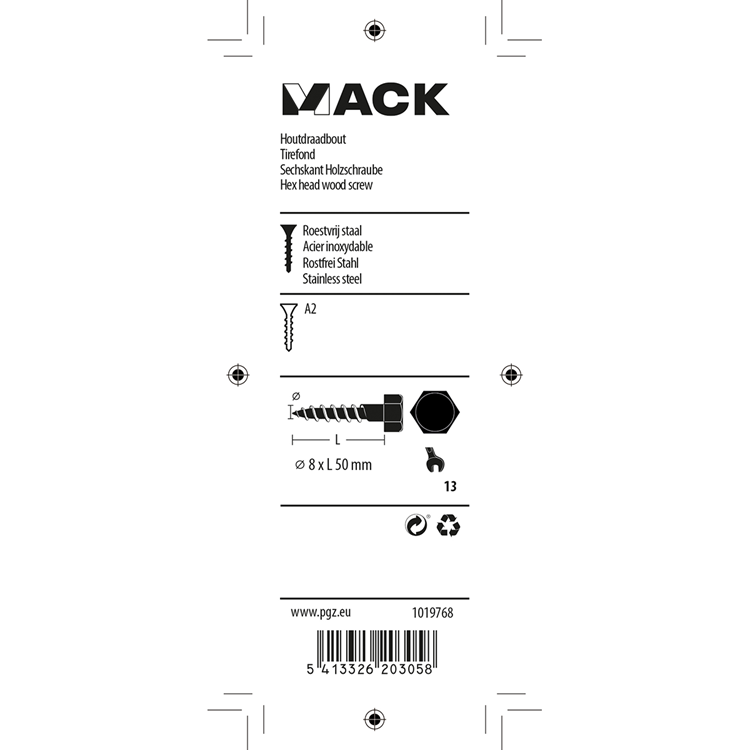 Mack 1019768 - houtdraadbout roestvrijstaal 2 st 8 x 50 mm | 10 stuks
