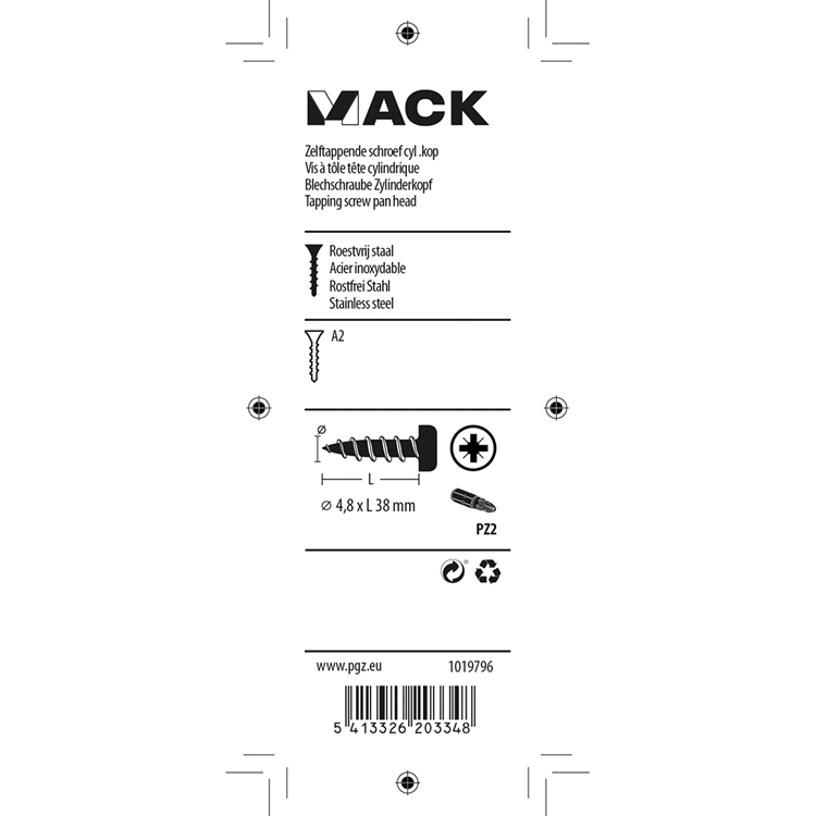 Mack 1019796 - zelftappende schroef cyl.kop a2 6 st 4,8 x 38 mm | 10 stuks