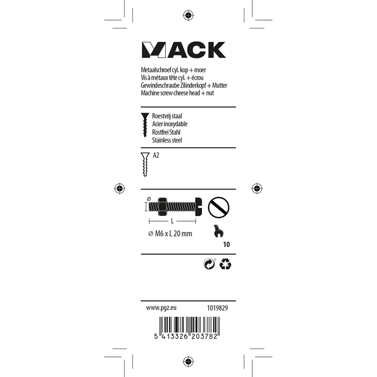 Mack 1019829 - metaalschroef cyl. kop + moer rvs 5 st m6x20 | 10 stuks