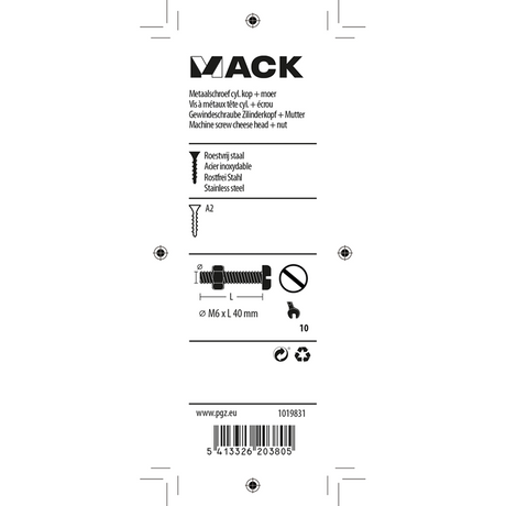 Mack 1019831 - metaalschroef cyl. kop + moer rvs 3 st m6x40 | 10 stuks
