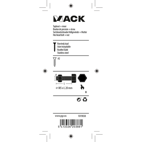 Mack 1019838 - tapbout + moer roestvrijstaal 6 st m5x20 | 10 stuks