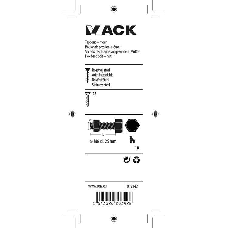 Mack 1019842 - tapbout + moer roestvrijstaal 5 st m6x25 | 10 stuks