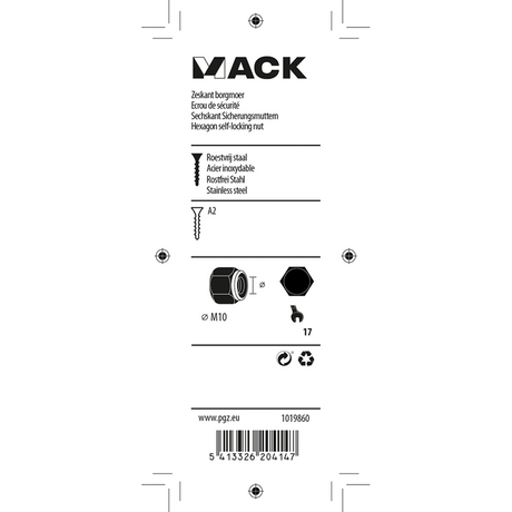 Mack 1019860 - zeskant borgmoer inox a2 4 st m 10 | 10 stuks