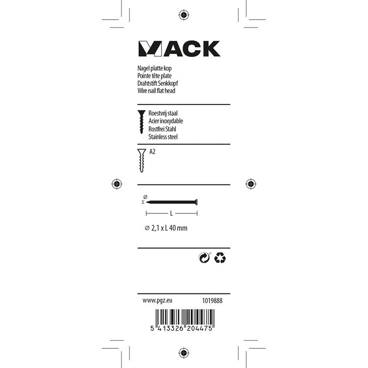Mack 1019888 - nagel platte kop inox a2 25 st2,1 x 40 mm | 10 stuks