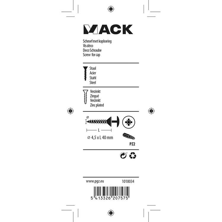 Mack 1018034 - schroef met kopboring staal verz. 30 st 4,5 x 40 mm | 5 stuks