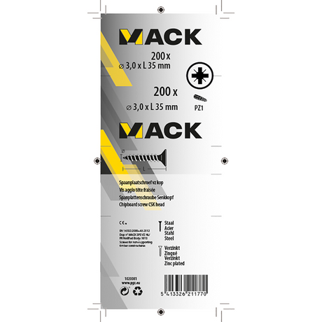 Mack 1020081 - spaanplaatschroef vz kop geel vz 200 st 3,0 x 35 mm | 5 stuks