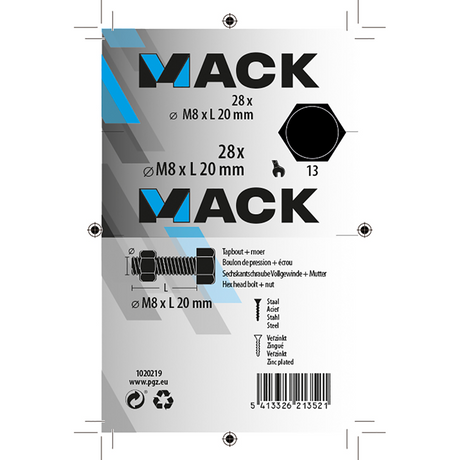 Mack 1020219 - tapbout + moer verzinkt 28 st m8 x 20 mm | 5 stuks
