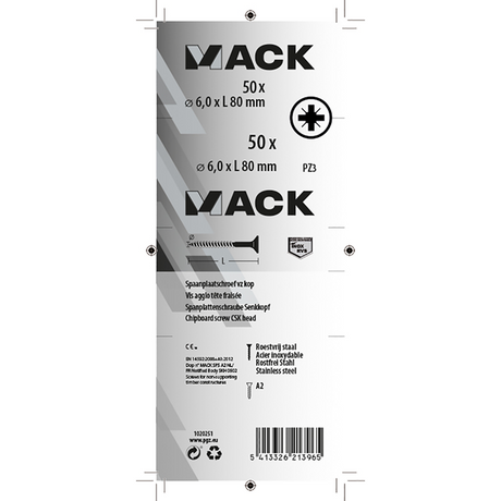 Mack 1020251 - spaanplaatschroef vz kop inox a2 50 st 6,0 x 80 mm | 2 stuks