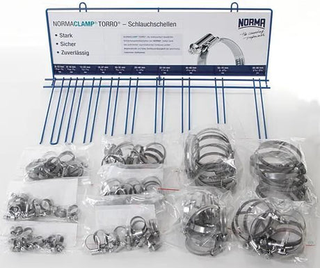 Anzeigenverkaufsdisplay Normaclamp Torro Schlauchschellen sortieren 100 Stück sortieren 9 mm 8-80