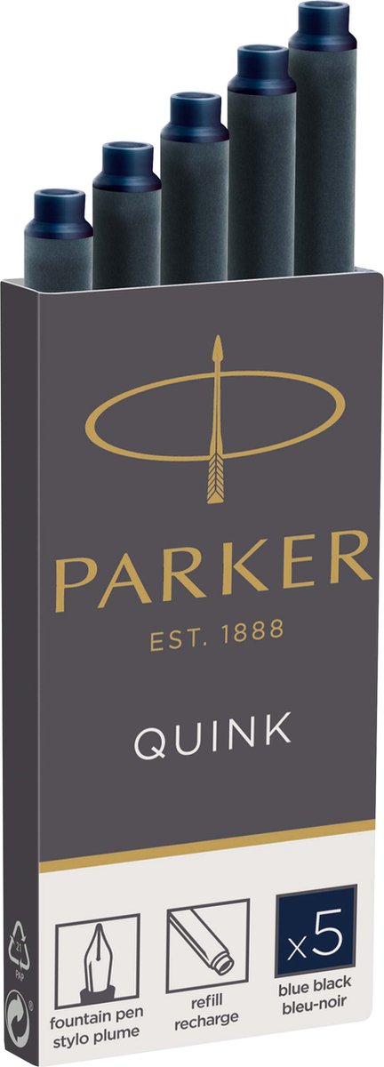 Lange Füllfederhalter-Tintenpatronen von Parker – blau-schwarze Quink-Tinte – 5 Stück