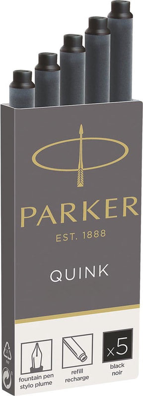 Parker lange Füllfederhalter-Tintenpatronen | schwarze Quink-Tinte | 5 Füllfederhalterpatronen