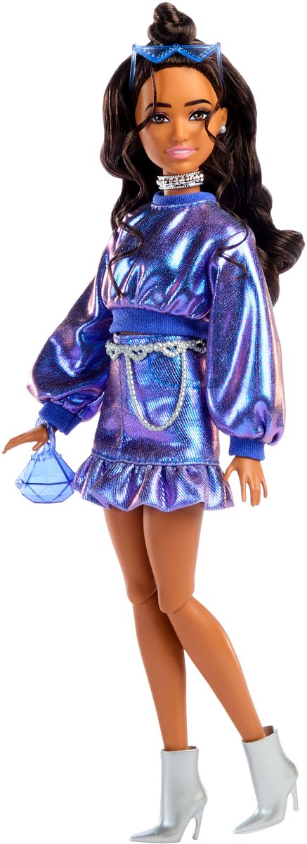 Barbie-Puppe im Deluxe-Stil – Oberteil und Rock in Metallic-Blau
