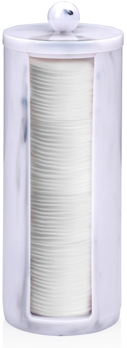 Touch of beauty cotton holder wattenpadhouder - modern design - beschermt tegen stof en vuil - handig formaat voor dagelijks gebruik in huis - ø7x18cm - kleur marmerlook wit