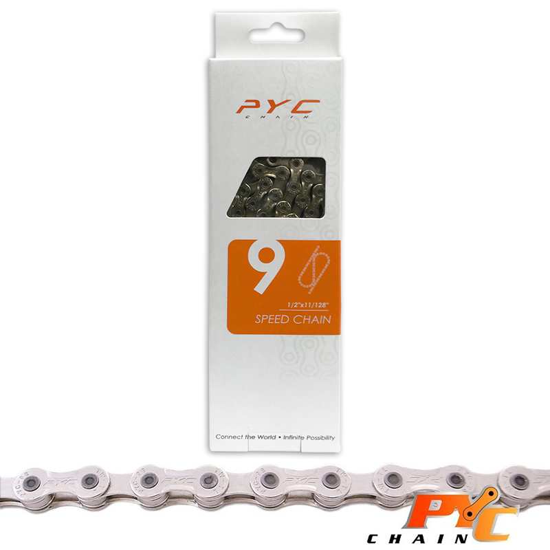 PYC -Fahrradkette 9V - Pilz -gepackte Stifte - Chrom Harden Tech - 116 Schakels